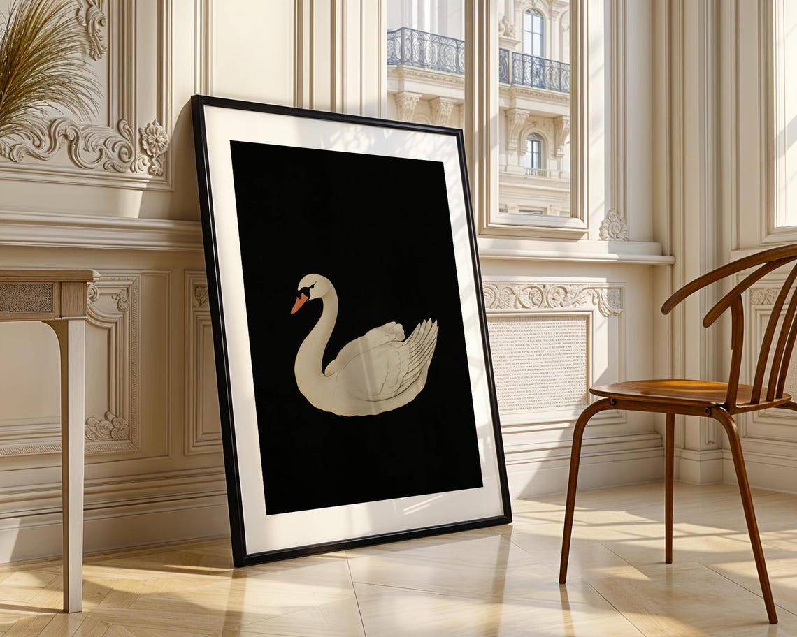 Vintage White Swan Black Background Elegant Bird Painting Poster - Image 3