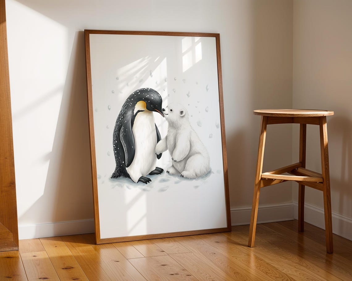 Penguin Polar Bear Embrace Winter Illustration Cute Animal Art Trendy Wall Modern Prints Nursey Print Gift