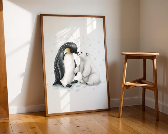 Penguin Polar Bear Embrace Winter Illustration Cute Animal Art Trendy Wall Modern Prints Nursey Print Gift