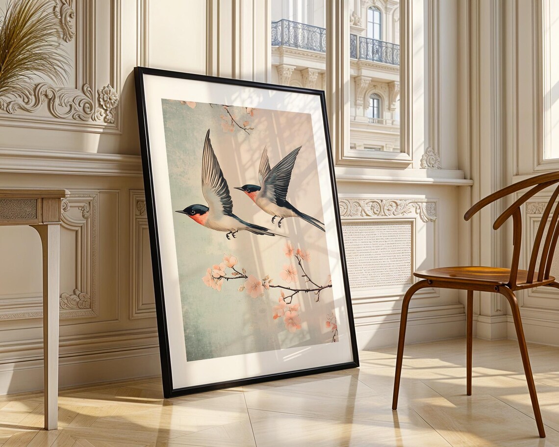 Japanese Swallows Flying with Pink Cherry Blossom Art Poster - Image 3