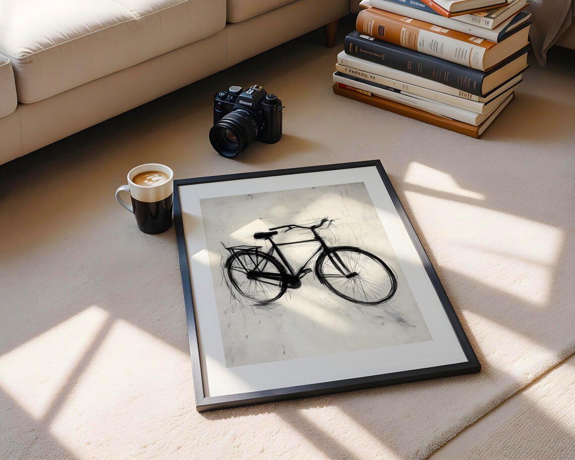 Vintage Bicycle Black Ink Sketch Minimalist Monochrome Wall Art - Image 6