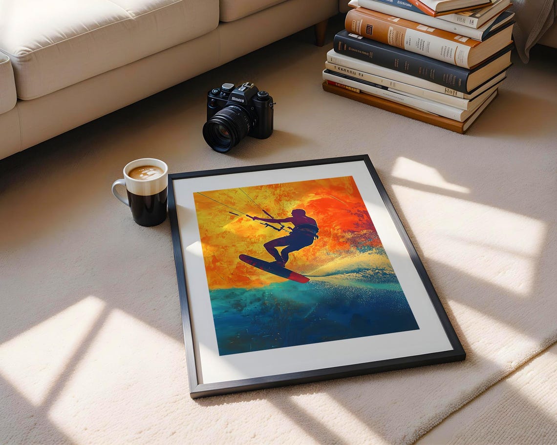 Kitesurfer Silhouette Fiery Sunset Ocean Waves Dramatic Sports Poster - Image 5