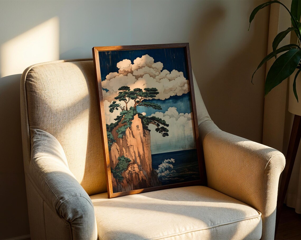 Japanese Pine Trees Cliff Over Ocean Ukiyoe Style Painting Poster - Image 2