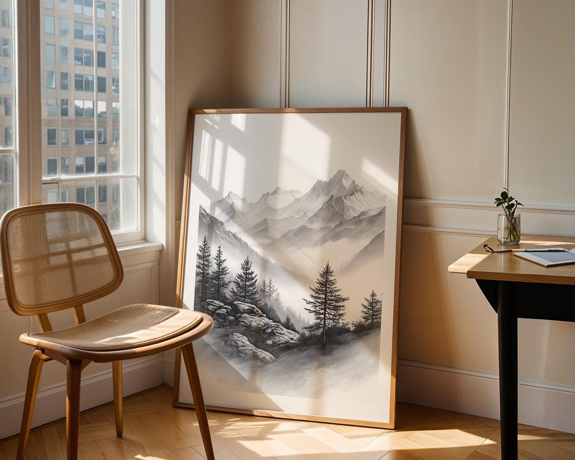 Misty Pine Forest Mountain Range Pencil Sketch Wall Art Monochrome Landscape Poster For Living Room Office Nursery Decor - Image 3