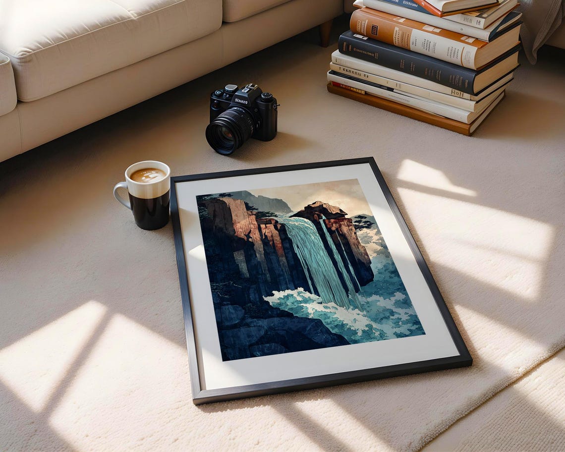 Japanese Waterfall Art Poster with Red Rock Cliffs and Blue Rapids - Image 5