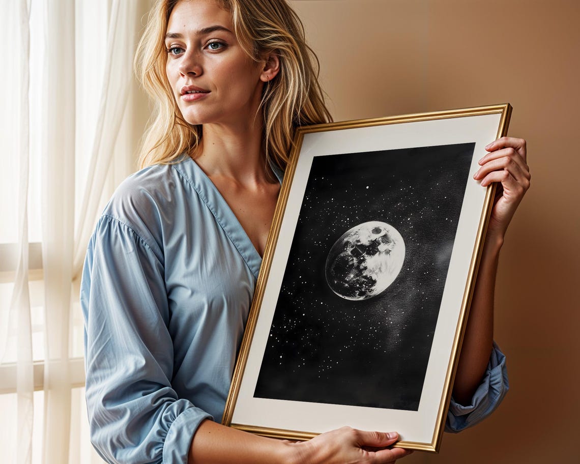 Full Moon Starry Night Sky Black And White Photography Art Poster - Image 2