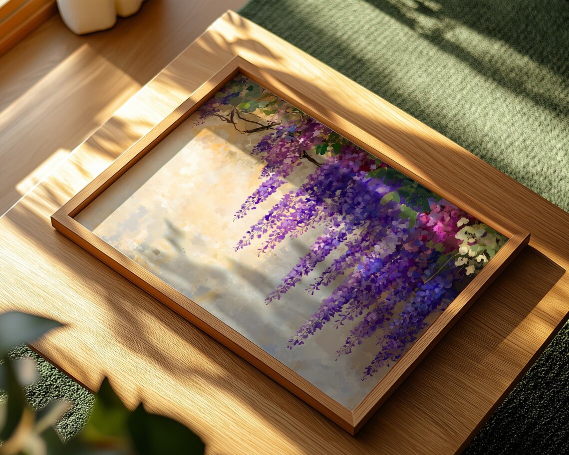 Purple Wisteria Hanging Blossoms Watercolor Floral Painting Poster - Image 2