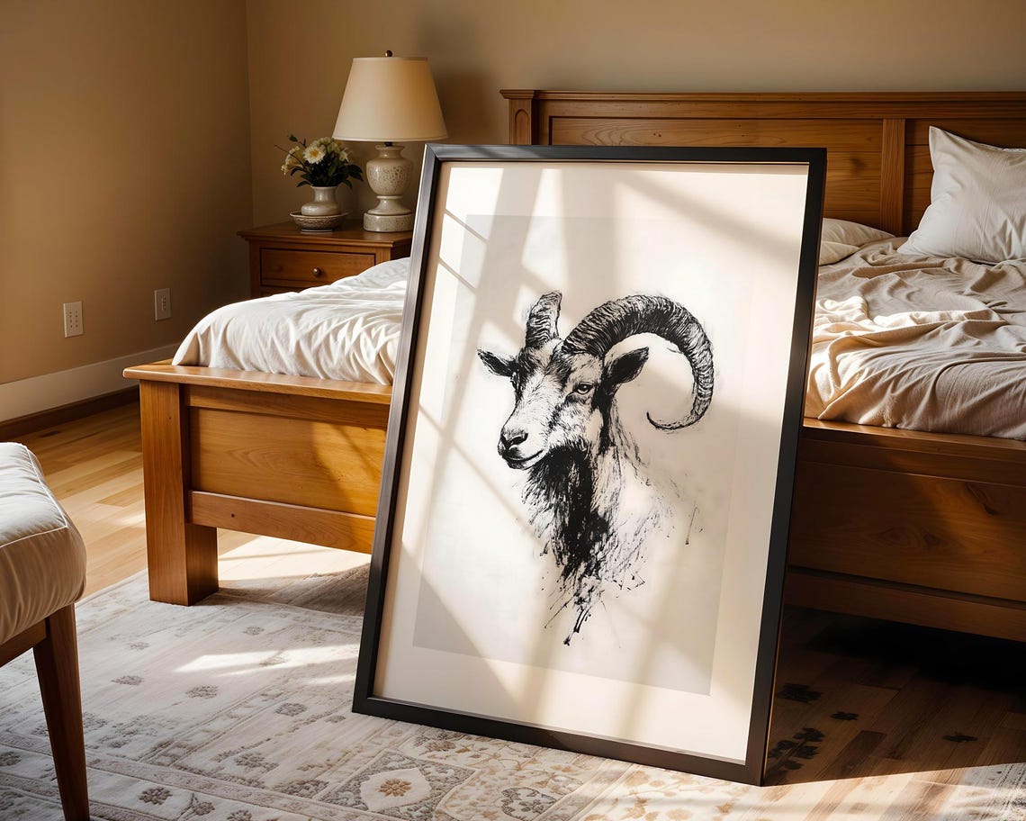 Ram Head With Curled Horns Charcoal Sketch Minimalist Poster - Image 5