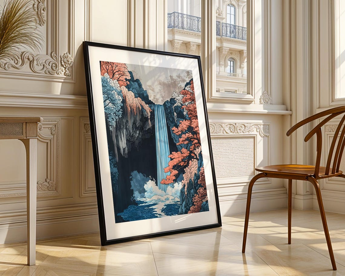 Japanese Blue Waterfall Art Poster with Autumn Forest Cliffs - Image 3