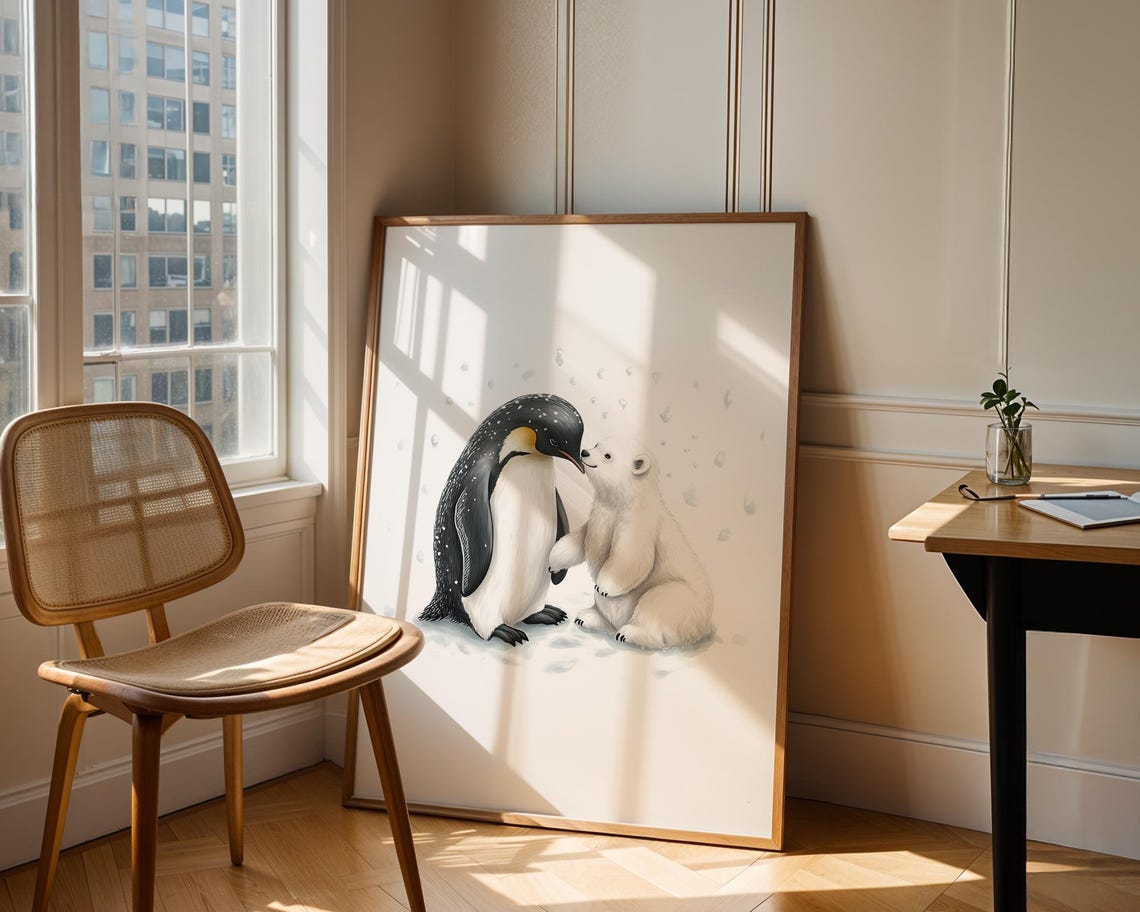Penguin Polar Bear Embrace Winter Illustration Cute Animal Art Trendy Wall Modern Prints Nursey Print Gift - Image 2