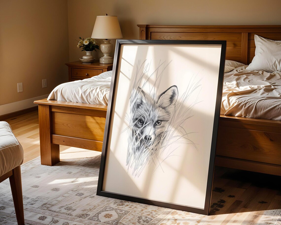 Fox Face Tall Grass Monochrome Pencil Sketch Wildlife Peeking Art Poster - Image 4