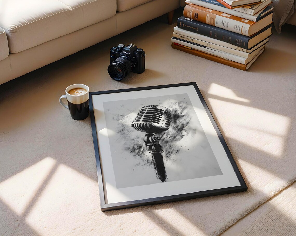 Classic Vintage Microphone Black Charcoal Splatter Music Art Poster - Image 6