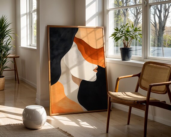 Abstract Woman Face Profile Flowing Orange And Black Modern Line Poster