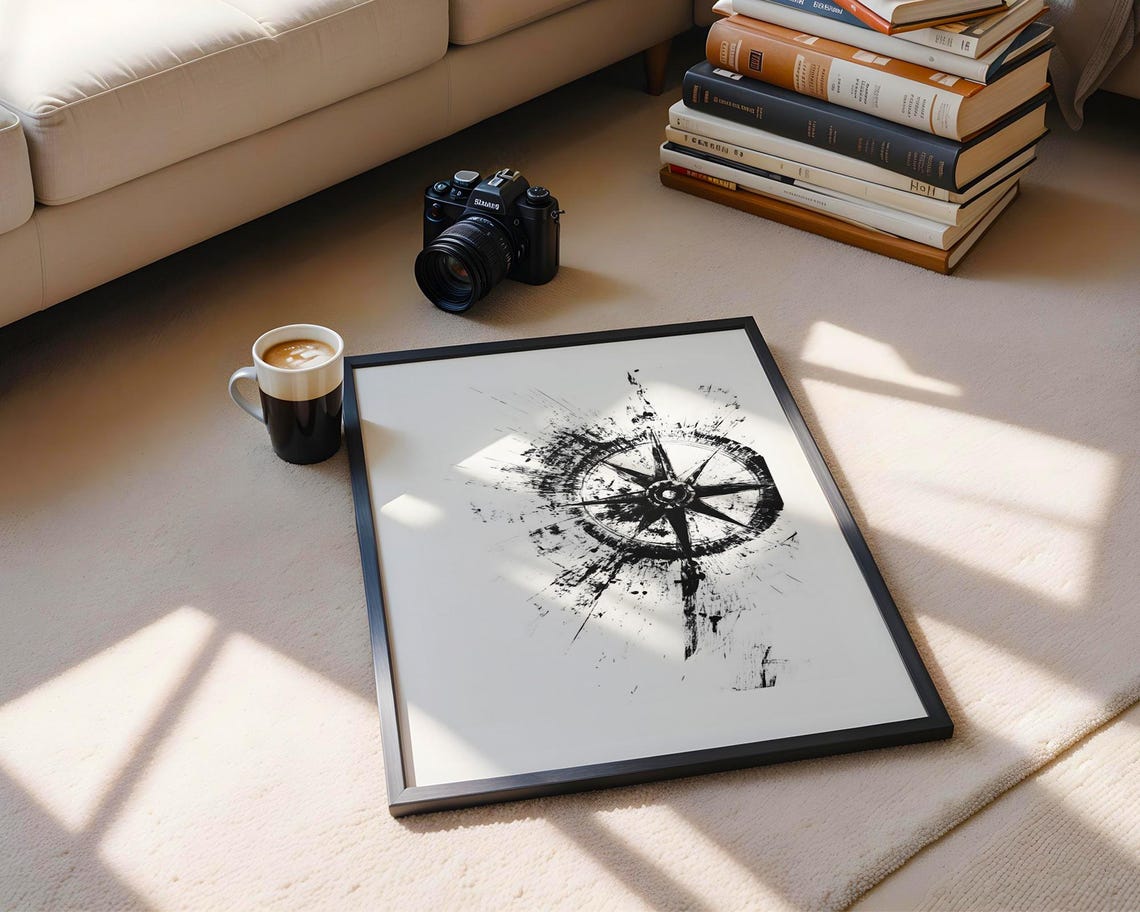 Abstract Black Compass Rose Ink Splatter Nautical Art Poster - Image 5