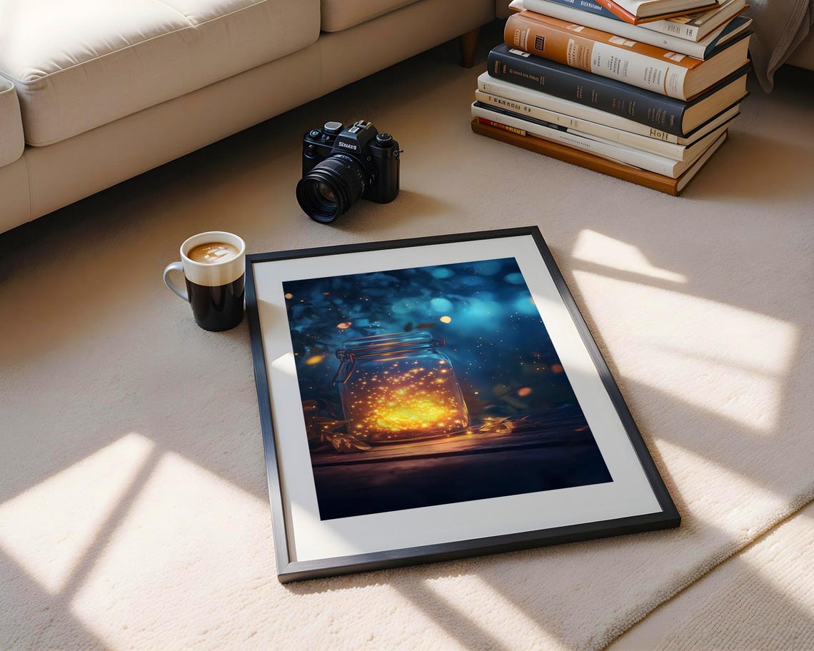 Fireflies Glowing In A Glass Jar Deep Blue Forest Night Poster - Image 5