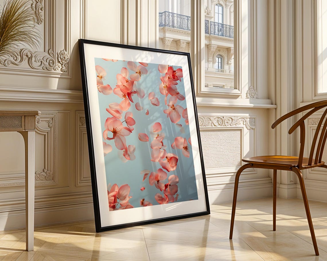 Pink Cherry Blossom Petals Falling Art Poster on Soft Blue Sky - Image 3