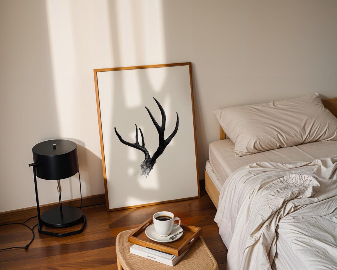 Minimalist Deer Antlers Wall Art Print Abstract Line Charcoal Sketch Trendy Retro Poster Modern Home Decor - Image 3