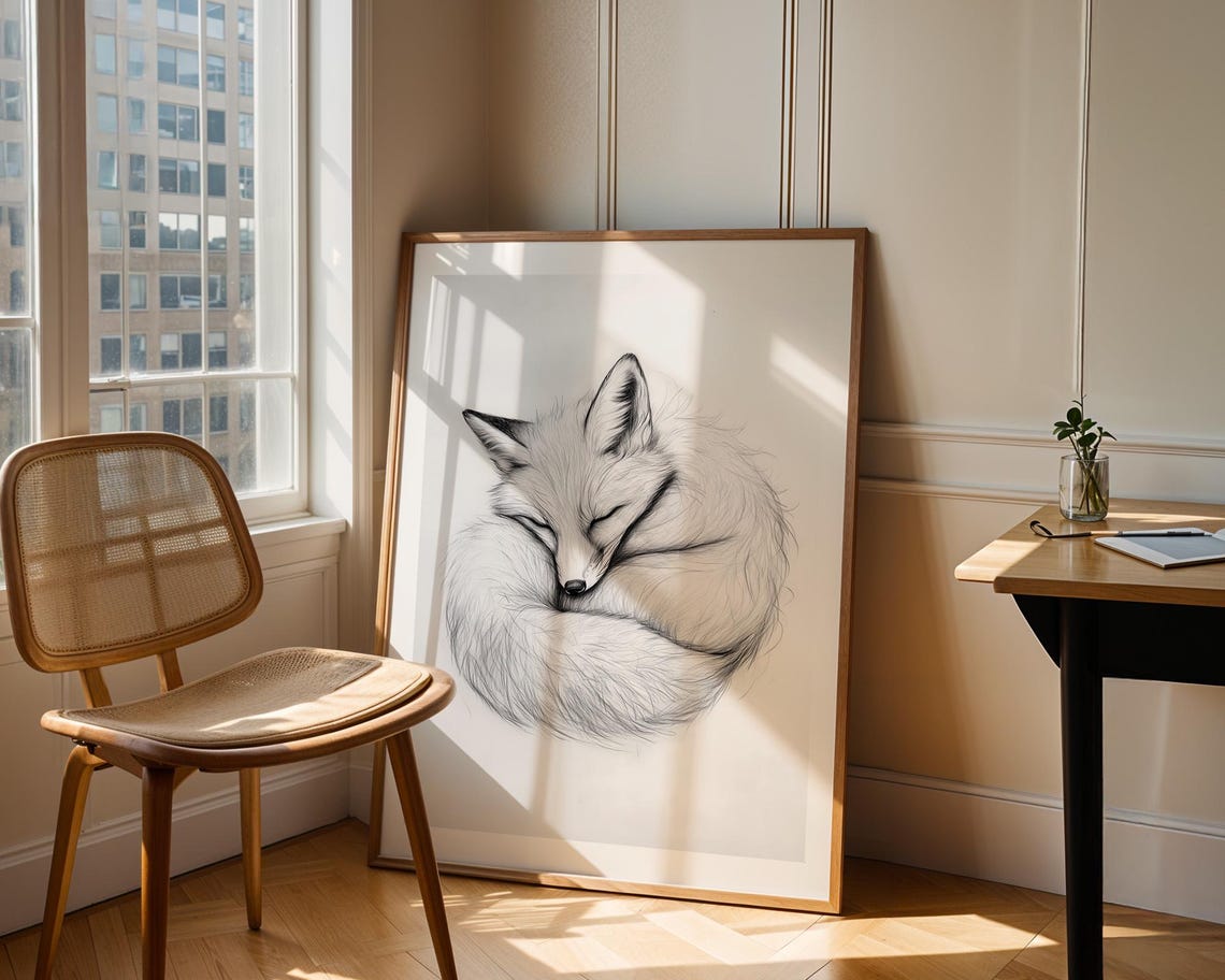 Sleeping Fox Pencil Sketch Wall Art Monochrome Wildlife Poster Nursery Living Room Office Decor And Study - Image 3