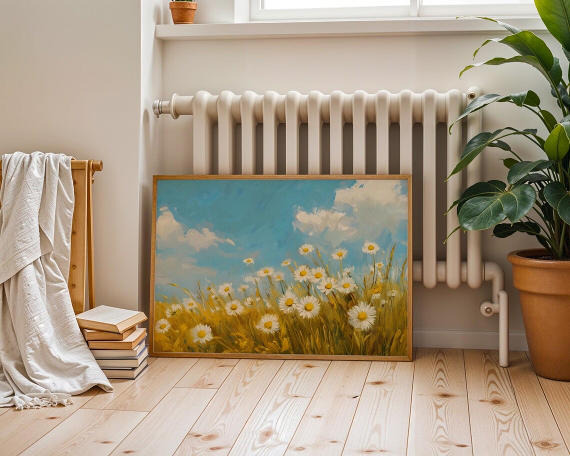Wild Daisies Golden Wheat Field Blue Sky Summer Meadow Wall Art - Image 6