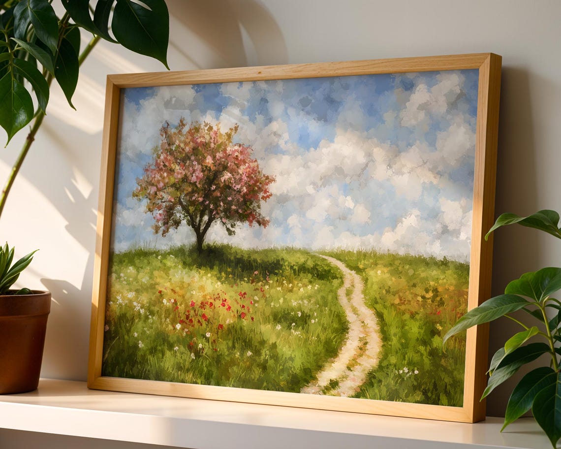 Blossoming Tree Green Hill Country Path Summer Landscape Wall Art - Image 4