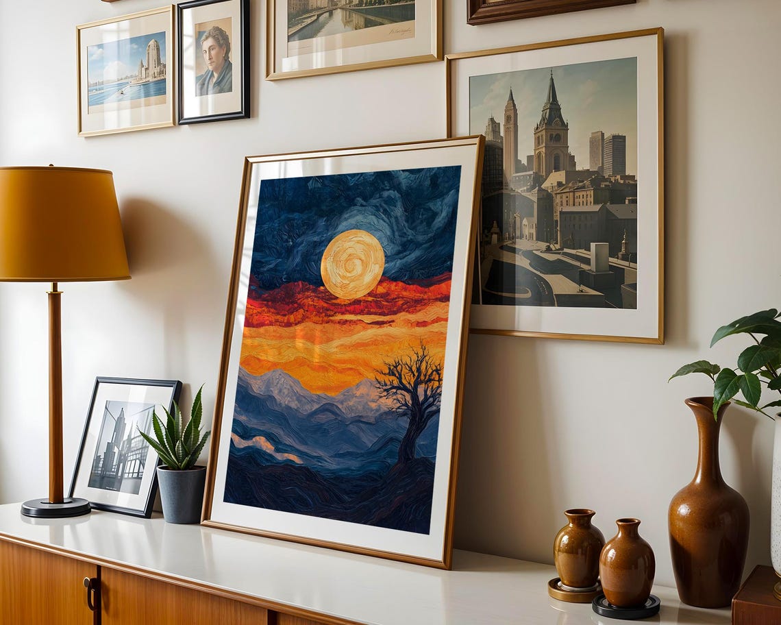 Golden Sun Mountain Night Swirling Blue Impasto Landscape Art Poster - Image 5