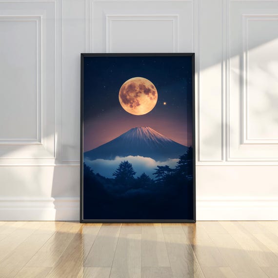 Dramatic Full Moon Landscape Wall Art Print Celestial Space Night Sky Nature Mountain Tree Fog Moody Home Decor Living Room Bedroom Dark