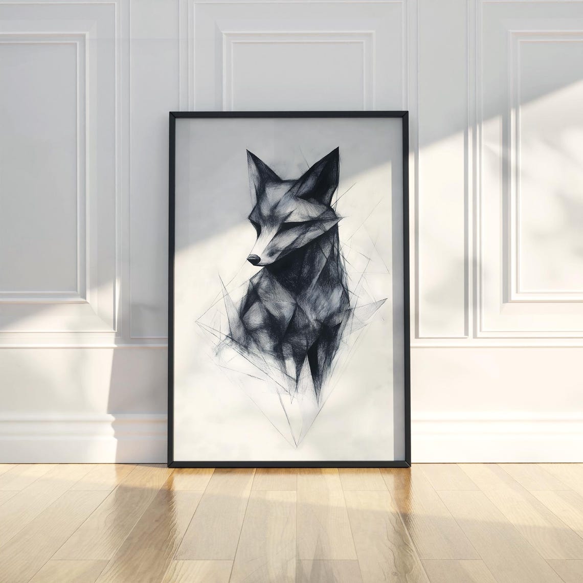 Geometric Fox Profile Black Ink Wildlife Animal Drawing Wall Art