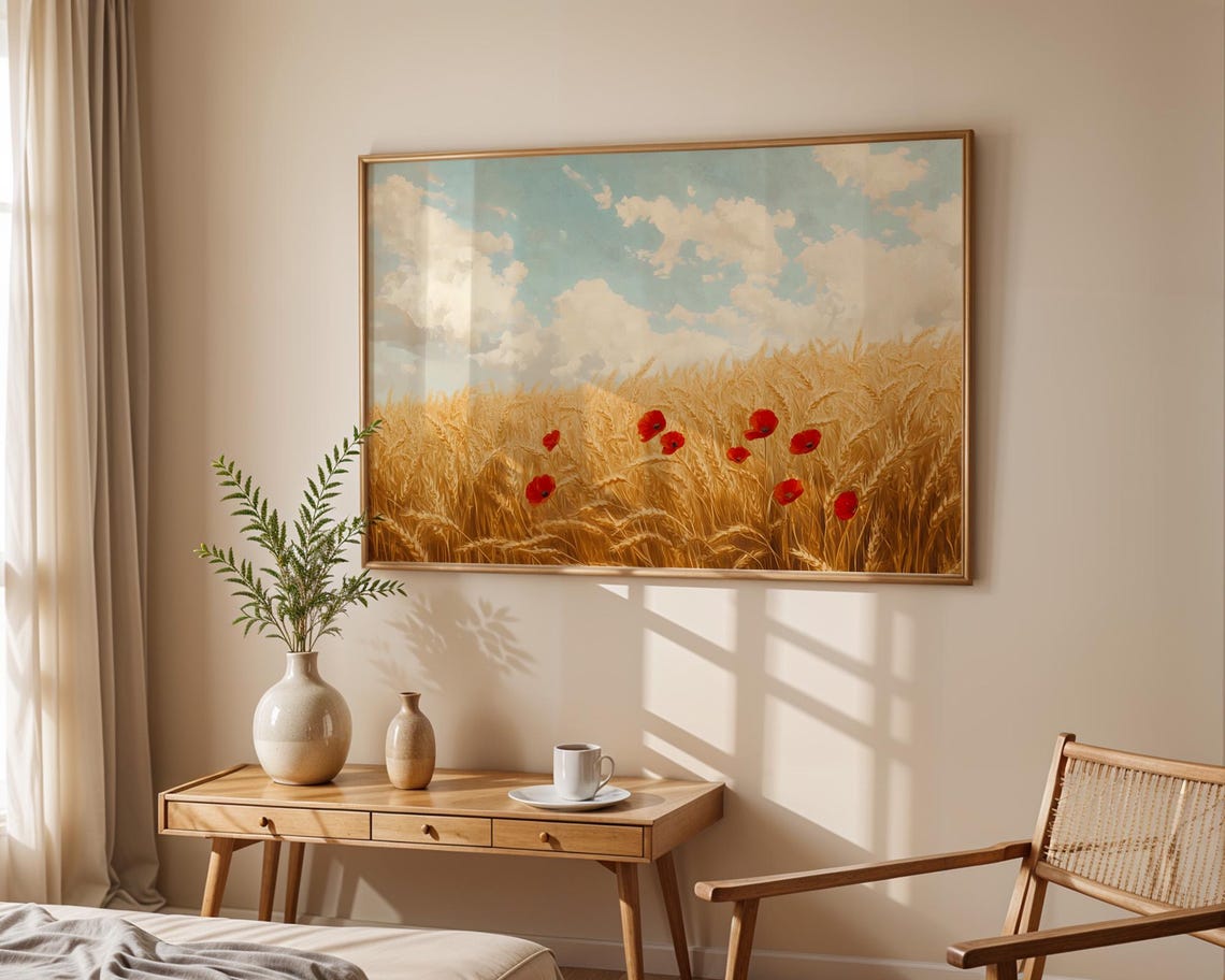 Golden Wheat Field Poppy Flower Wall Art Print Oil Painting Farm Landscape Nature Rustic Scenic Harvest Home Decor Living Room Bedroom Gift - Image 6