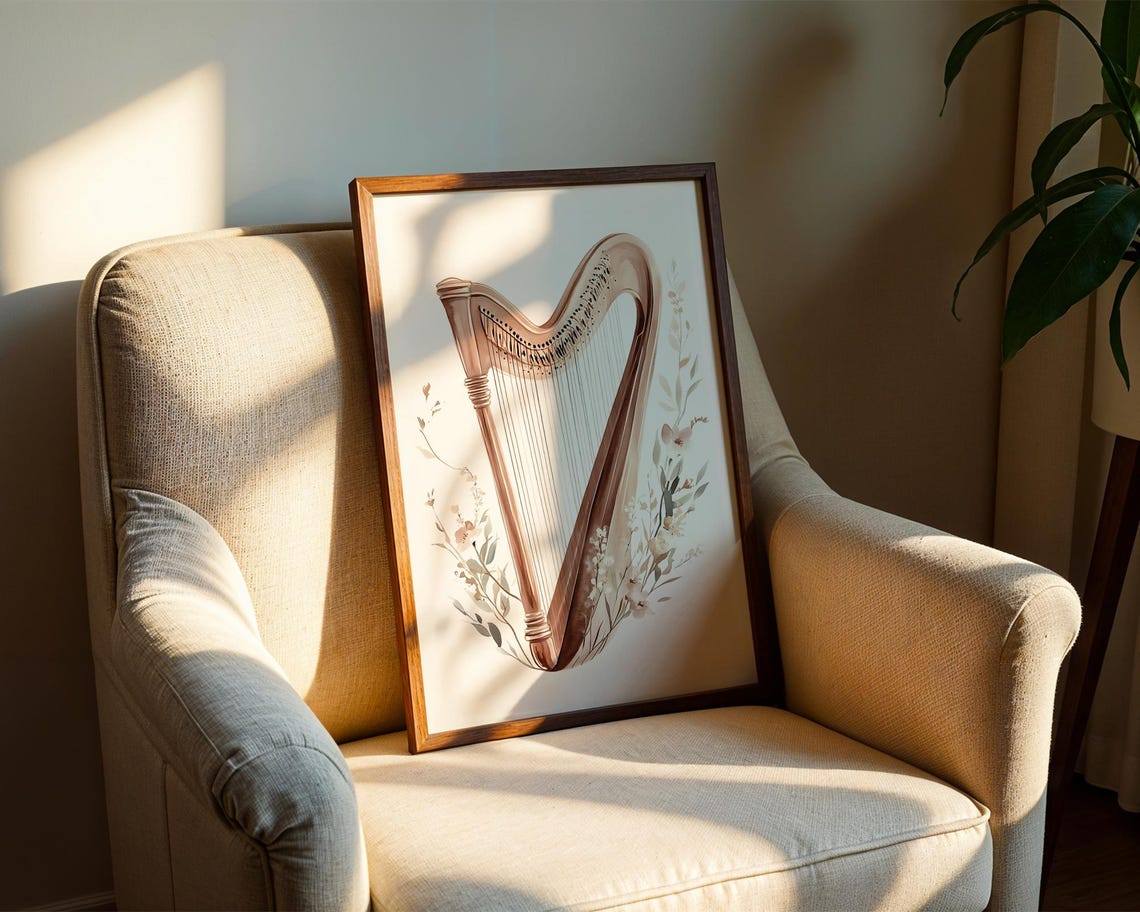 Watercolor Harp Floral Botanical Elegant Classical Music Art Poster - Image 2