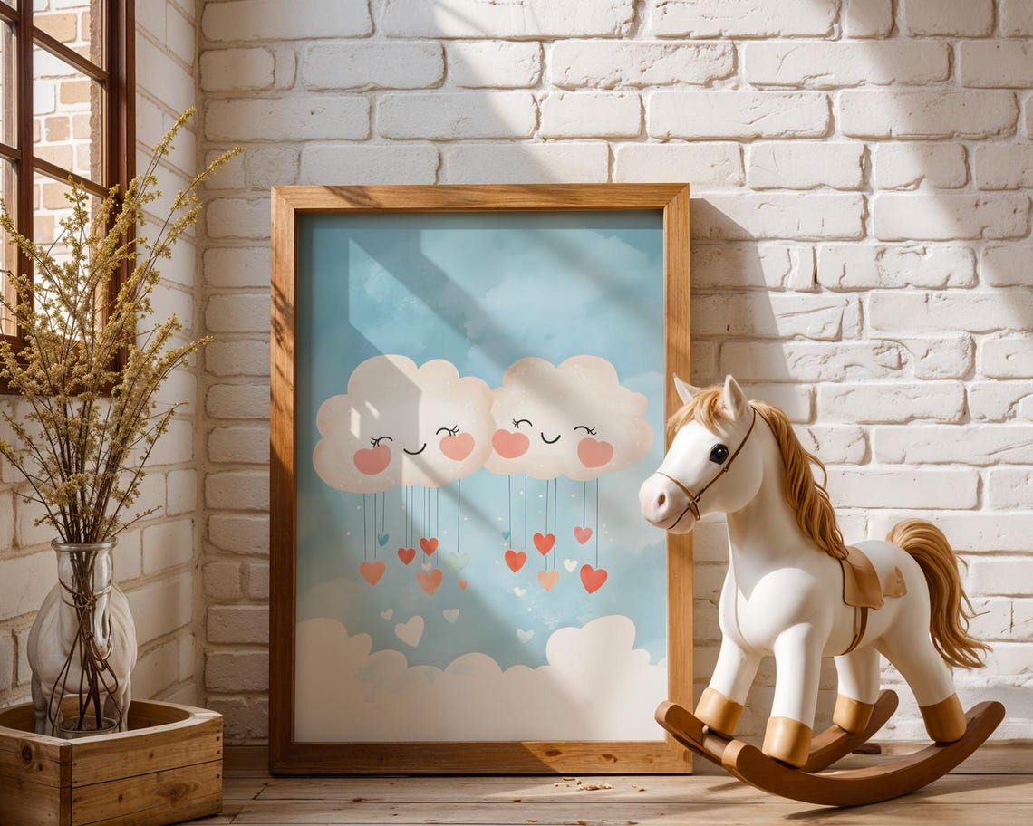 Happy Clouds Raining Hearts Cute Whimsical Nursery Art Poster - Image 5