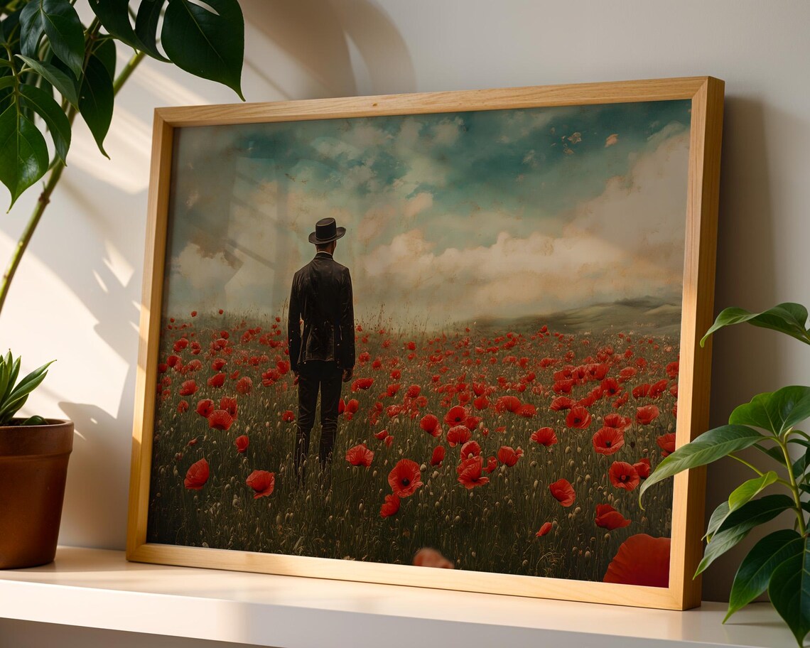 Lone Man in Red Poppy Field Moody Vintage Landscape Art Poster - Image 3