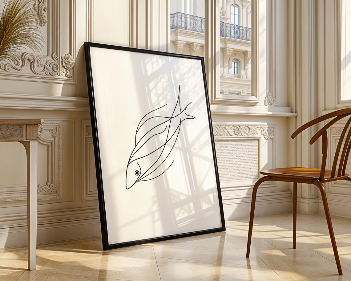 Graceful Minimalist Fish Line Art Continuous Ocean Sketch Poster - Image 4