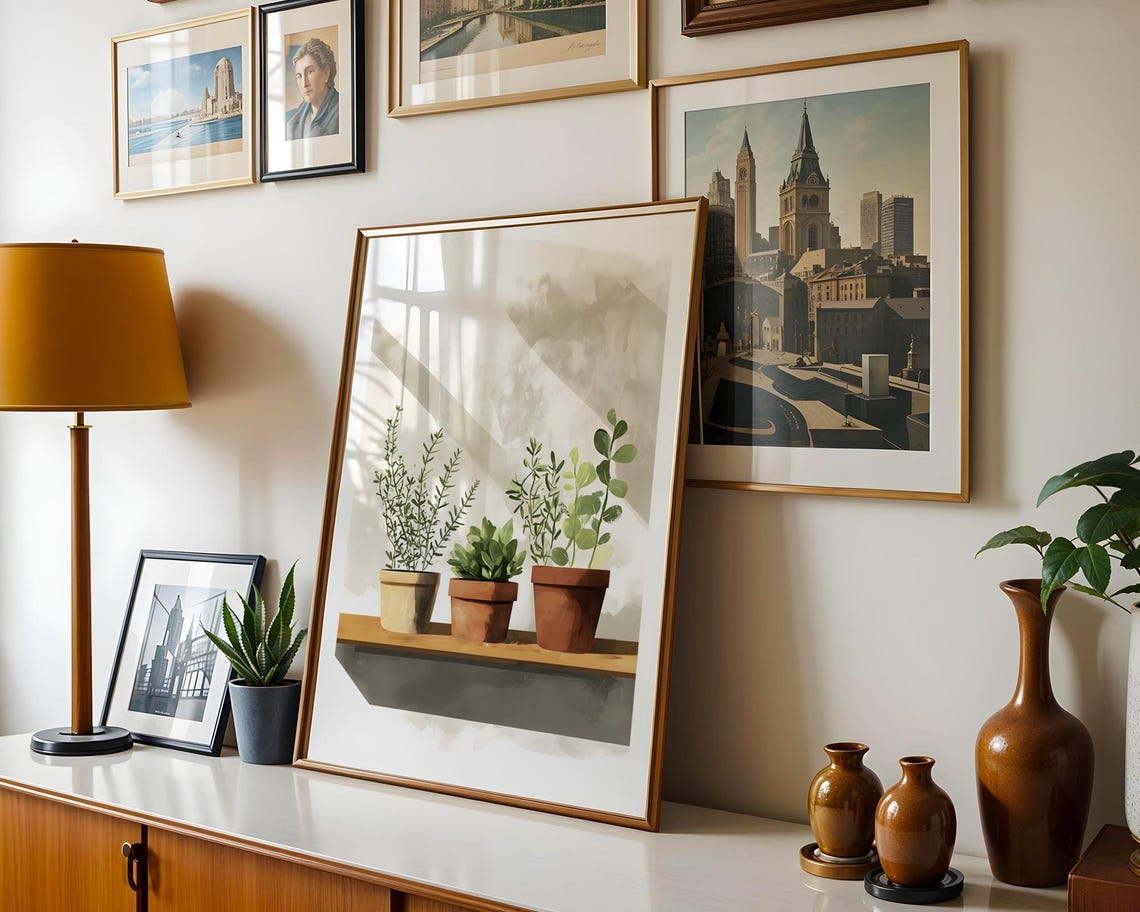 Three Potted Plants Wooden Shelf Soft Minimalist Botanical Wall Art - Image 5