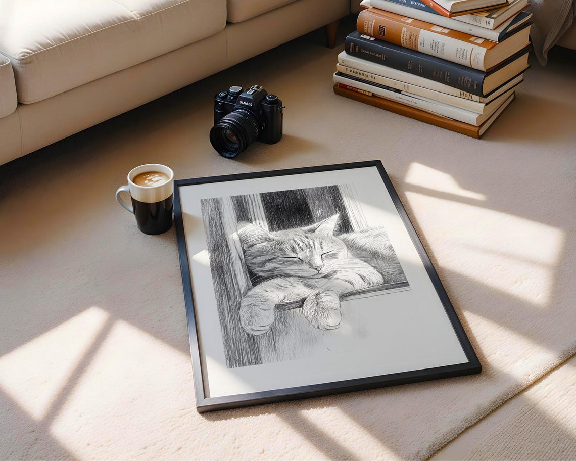 Sleeping Tabby Cat Pencil Sketch Window Sleeping Kitten Art Poster - Image 4