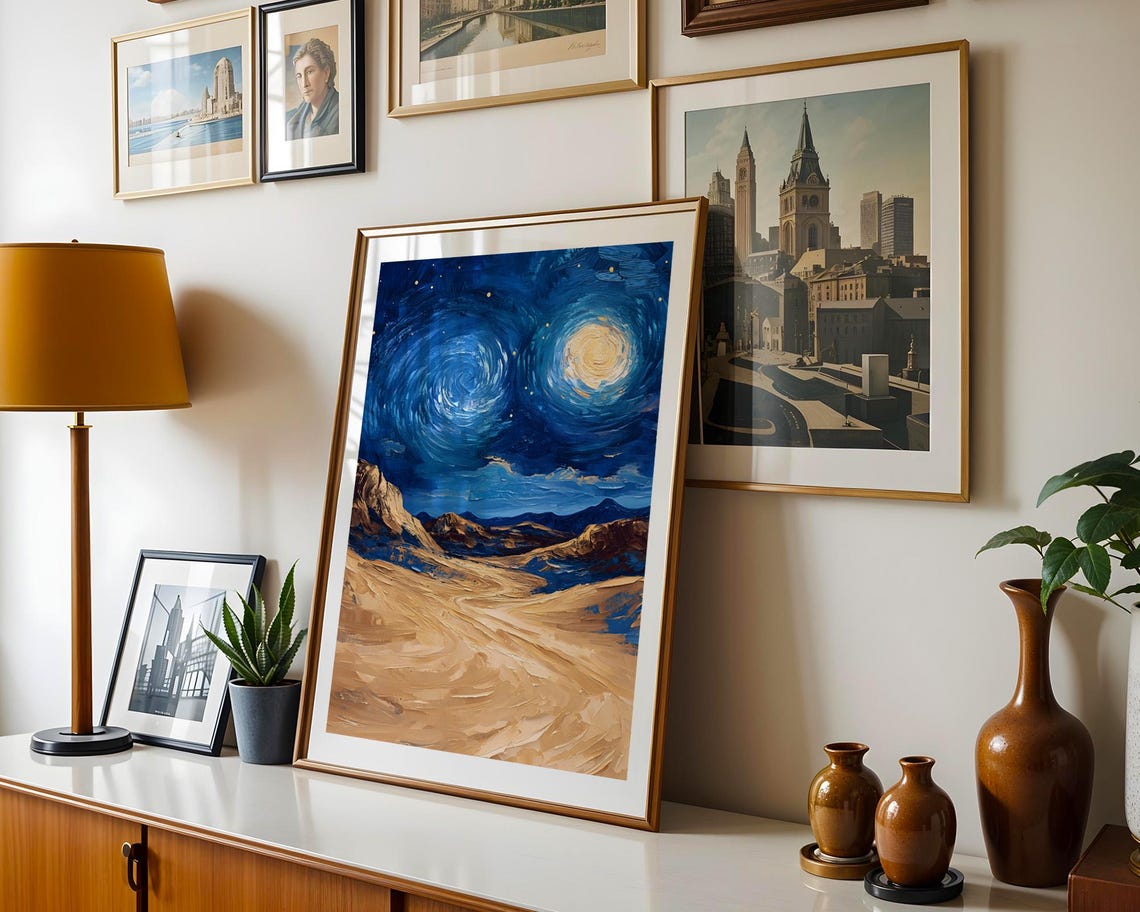 Starry Night Desert Mountains Swirling Sky Dramatic Dunes Poster - Image 3