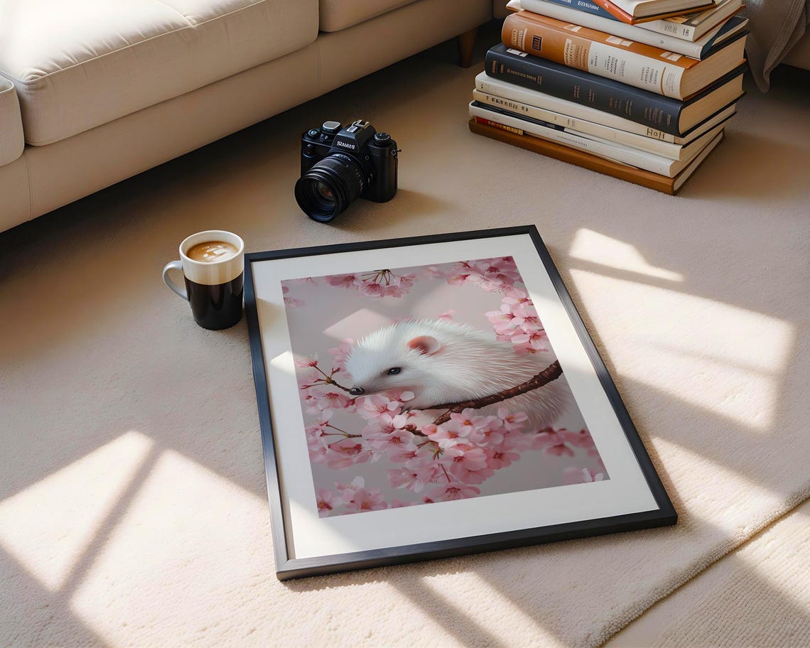 Cute White Hedgehog on Pink Cherry Blossom Branch Nursery Poster - Image 5