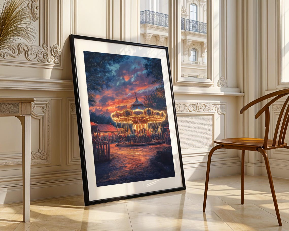Enchanting Vintage Carousel At Sunset Wall Art Twilight Fairground Poster Cozy Home Decor Nursery - Image 3
