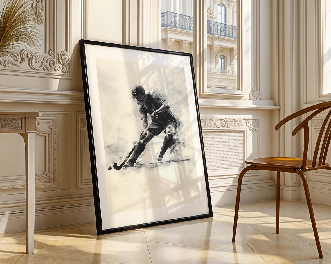 Field Hockey Player Striking Ball Monochrome Sketch Sports Poster - Image 4