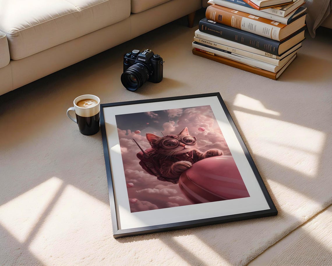 Whimsical Cat Aviator Riding Pink Hot Air Balloon Cloudy Sky Wall Art - Image 5