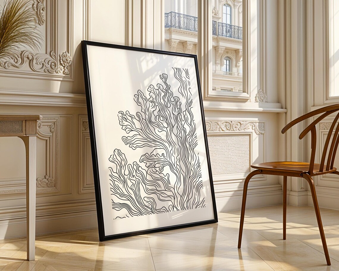 Minimalist Coral Reef Ocean Black And White Line Drawing Poster - Image 4