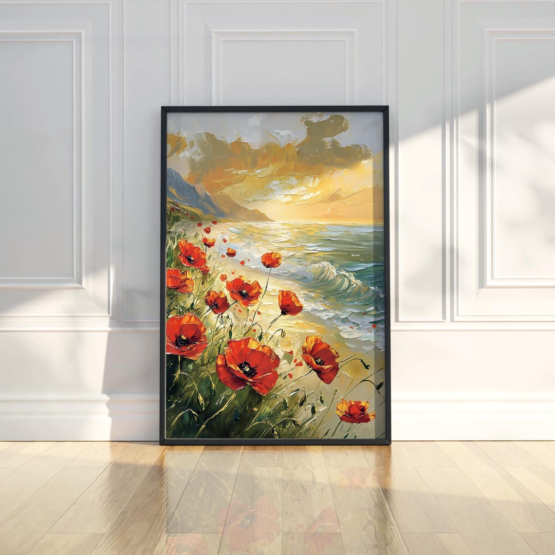 Red Poppies Ocean Shore Sunset Waves Beach Floral Oil Painting Poster