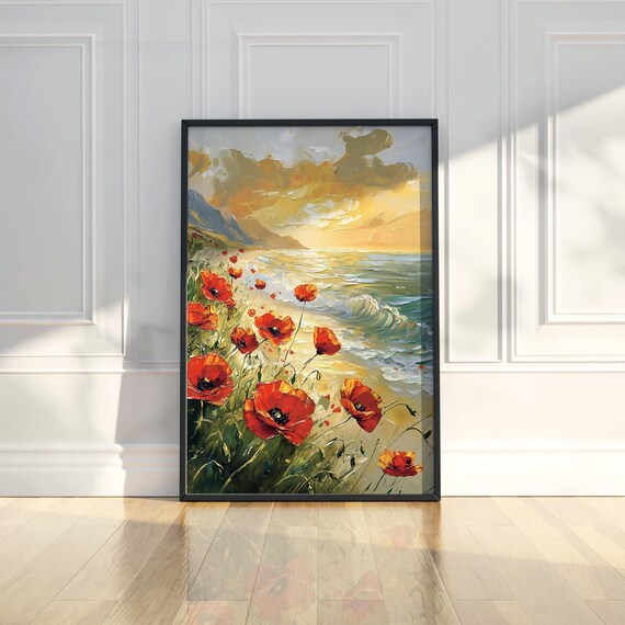 Red Poppies Ocean Shore Sunset Waves Beach Floral Oil Painting Poster