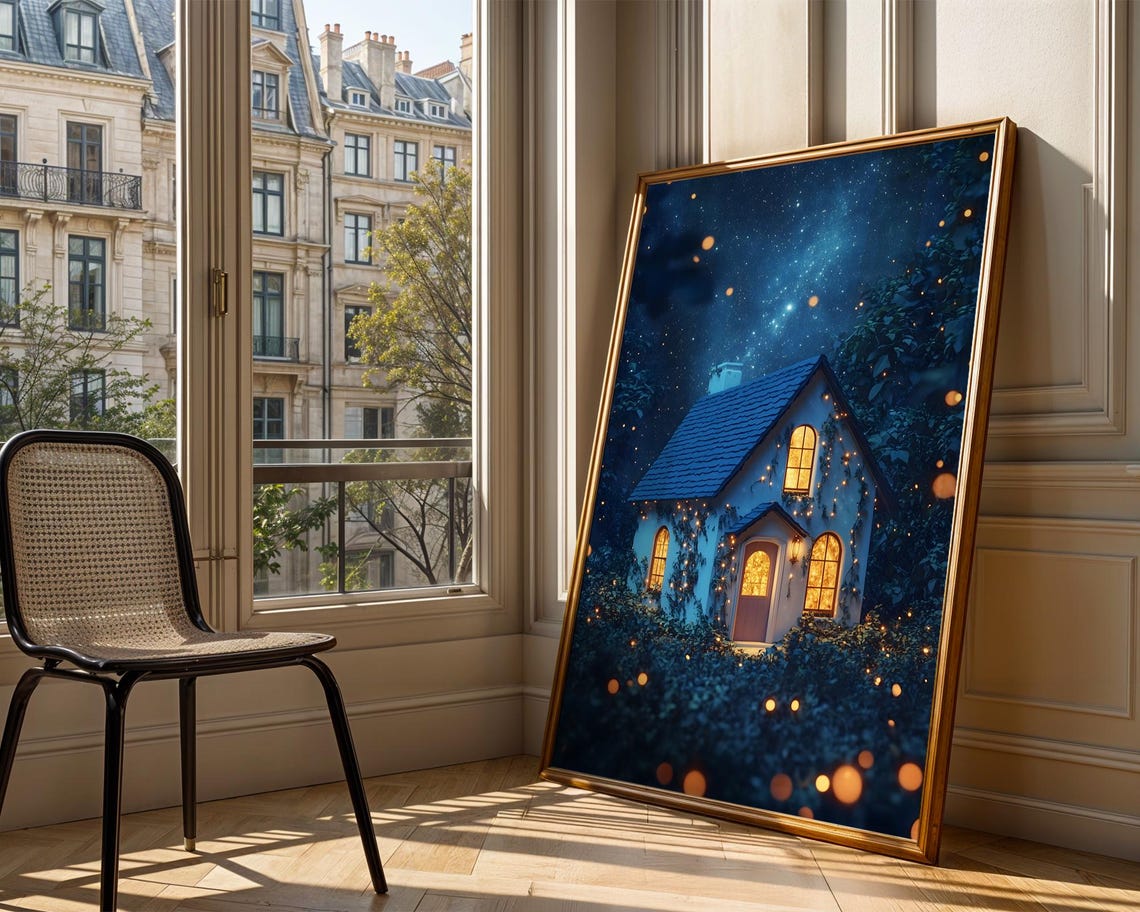 Cozy Cottage Under Starry Night Sky Fireflies Magical Fantasy Poster - Image 3