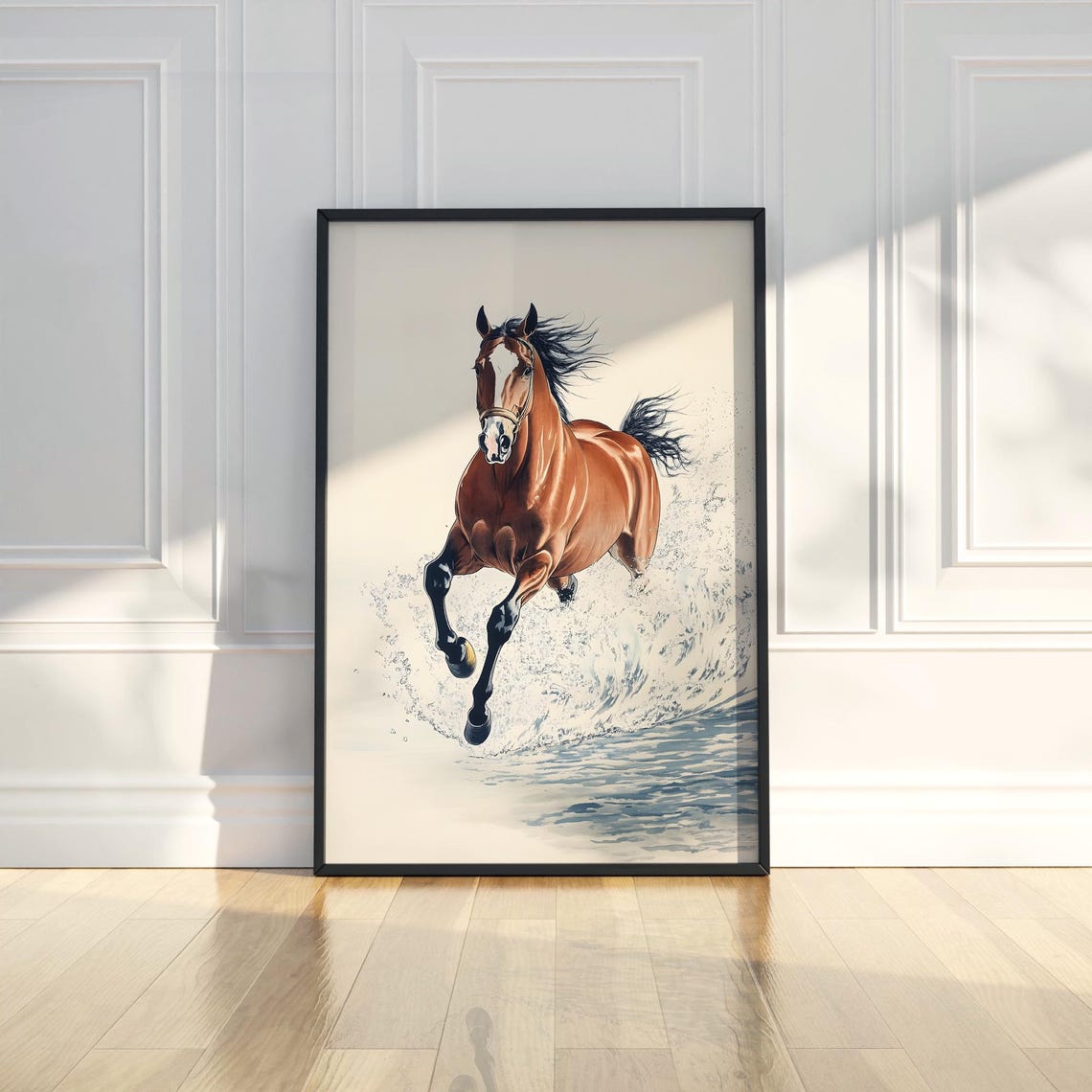 Running Horse Water Splash Brown Stallion Wildlife Painting Poster