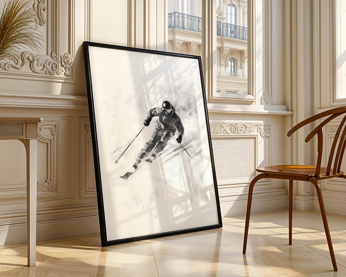 Speedy Dynamic Downhill Skier Black And White Sketch Sports Poster - Image 5