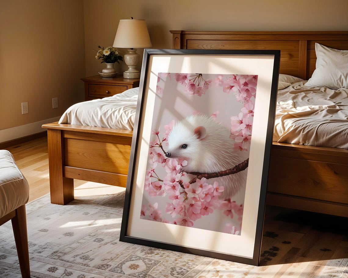 Cute White Hedgehog on Pink Cherry Blossom Branch Nursery Poster - Image 4