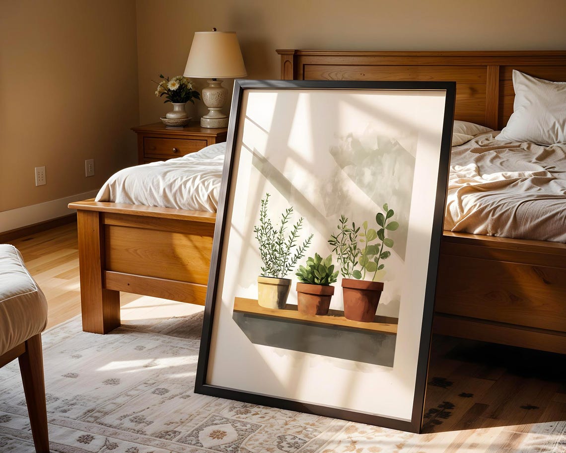 Three Potted Plants Wooden Shelf Soft Minimalist Botanical Wall Art