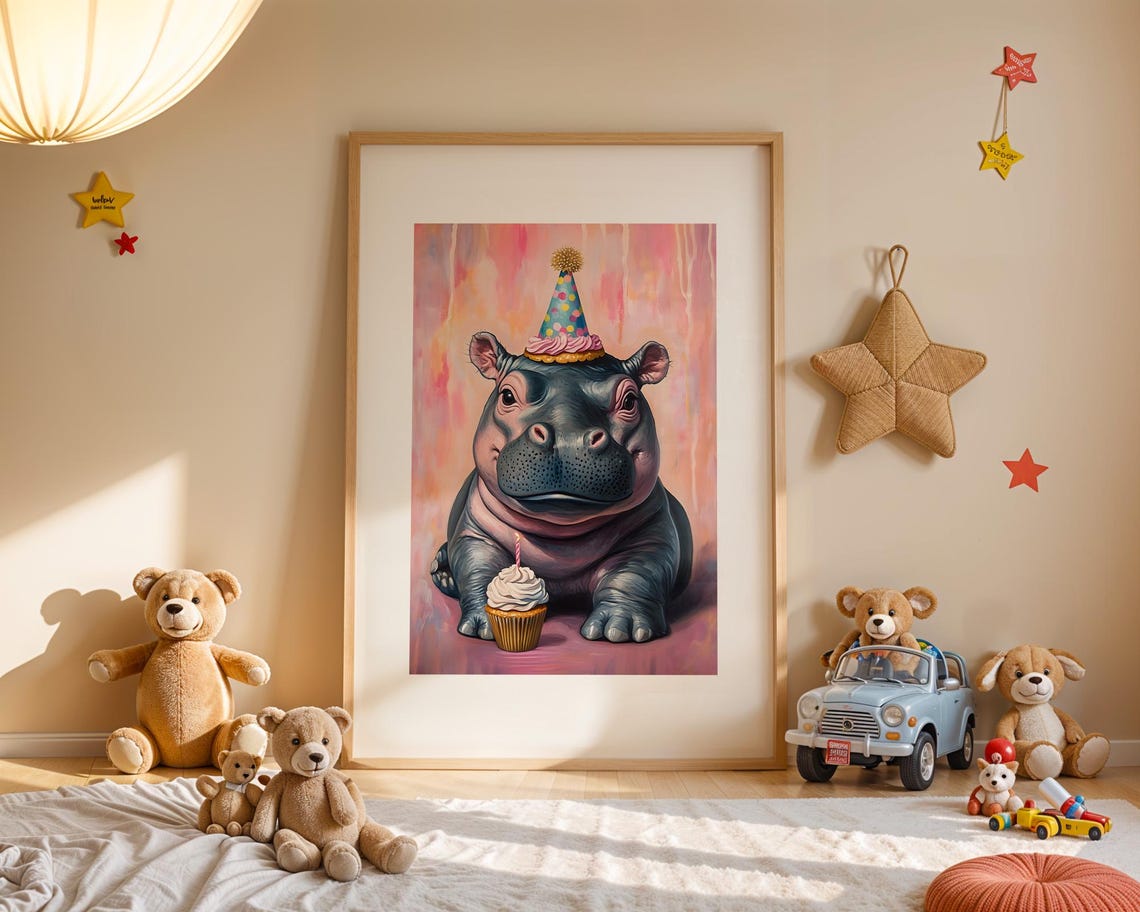 Cute Baby Hippo Party Hat Cupcake Pink Nursery Animal Poster - Image 3