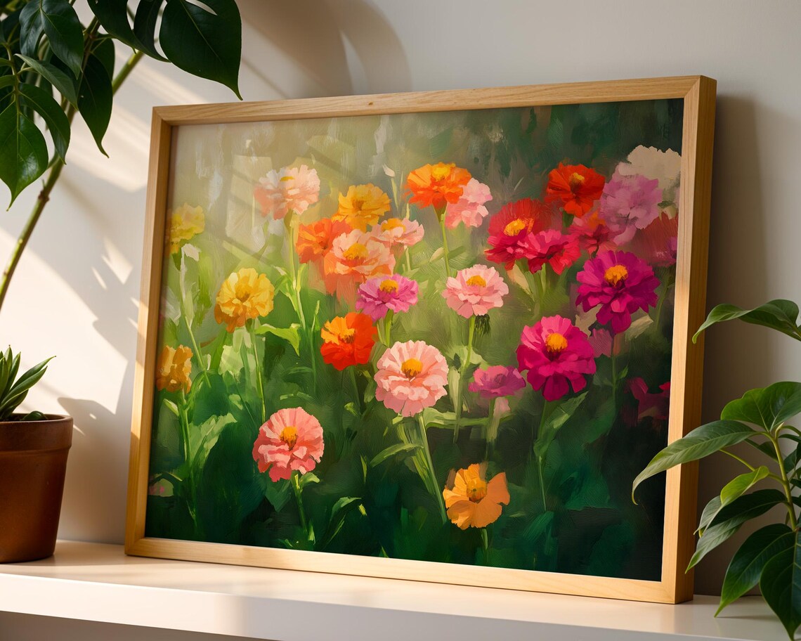 Colorful Zinnia Flower Garden Sunlit Oil Painting Bloom Wall Art - Image 4