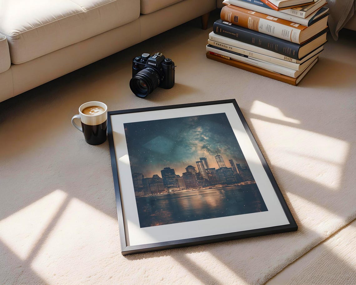 Manhattan Night Skyline Starry Sky Water Reflection City Art Poster - Image 4